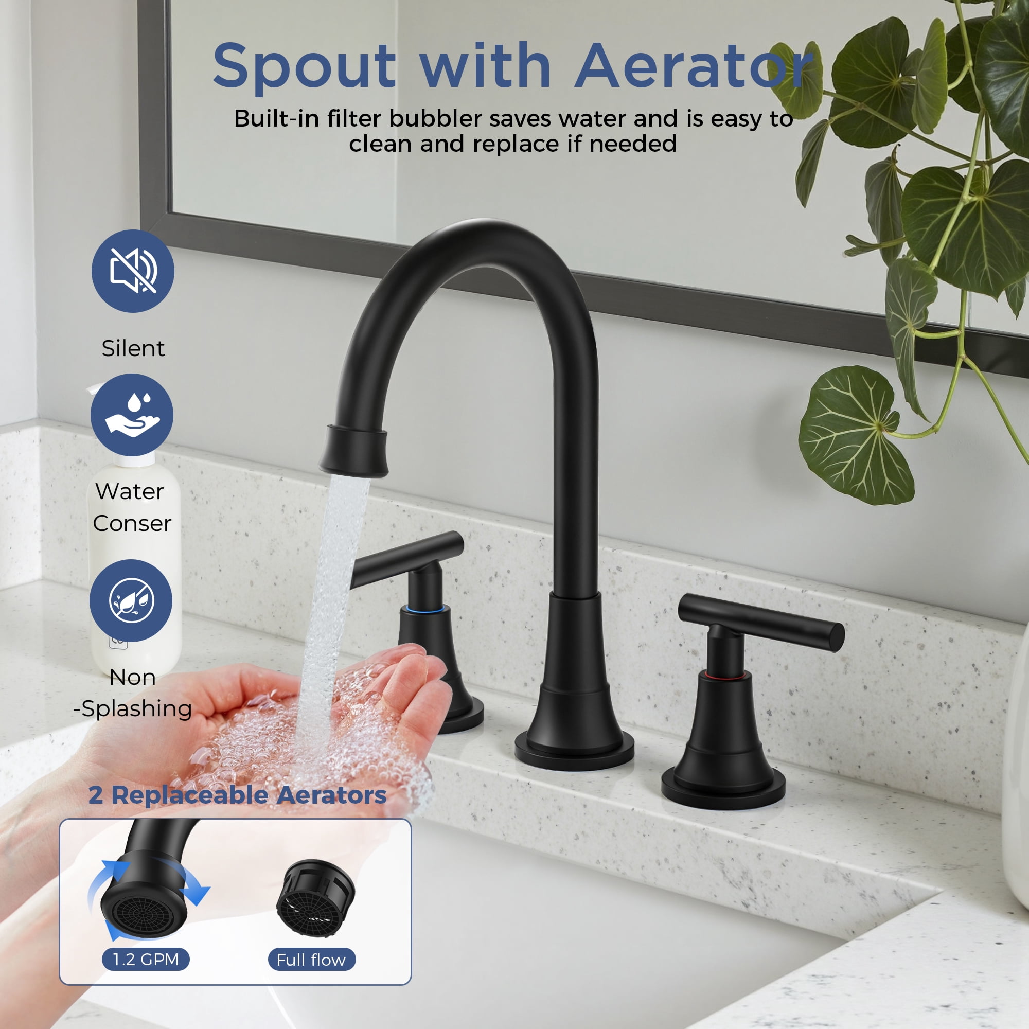 TVOFEK 8 inch Widespread Bathroom Sink Faucet 3 Hole with Pop up Drain and cUPC Hose, 2 Handle Matte Black Vanity Faucet with 360° Spout for Restroom, RV, Bar
