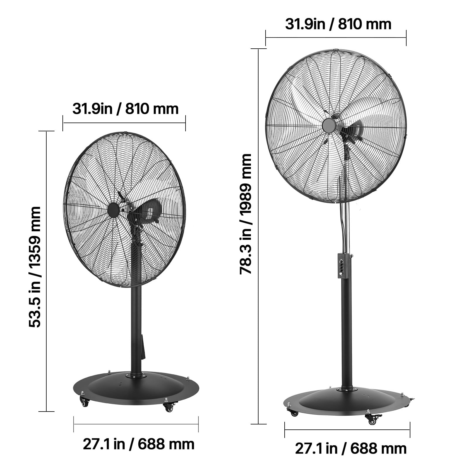 KFFKFF 30-Inch High Velocity Pedestal Fan, 9100 CFM Industrial Floor Fan with 85° Oscillation, Adjustable 3-Speed Settings and Height, IP44 Waterproof, Durable Carbon Steel Construction Black