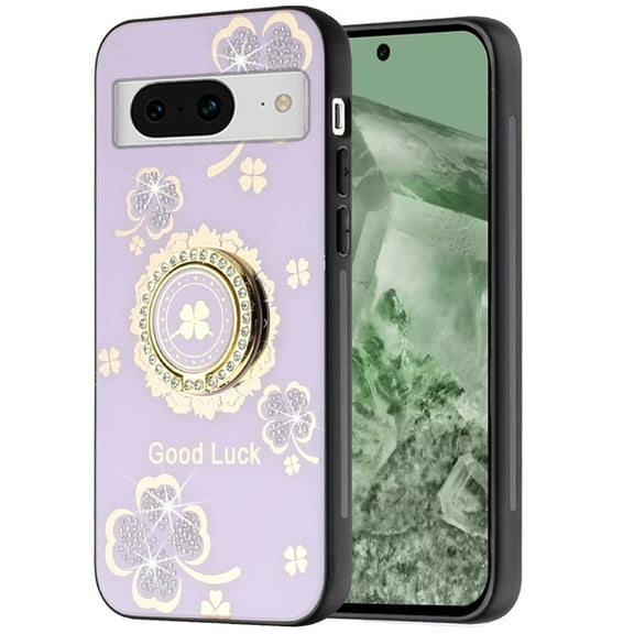 Designed for Google Pixel 8A Diamonds 3D Bling Sparkly Glitter Ornaments Engraving Hybrid Fashion Ring Stand Phone Case Cover [Purple Good Luck Floral]