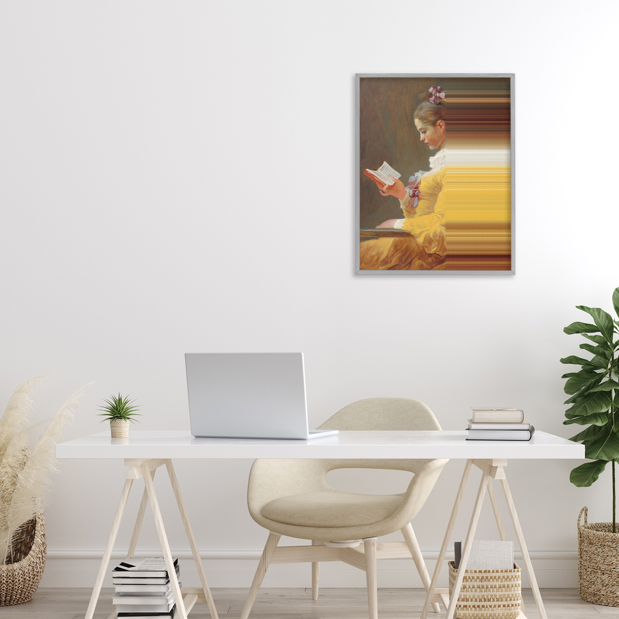 Vintage Lady Reading with Gradient Streaks Gray Framed Giclee Art, design by Seven Trees Design