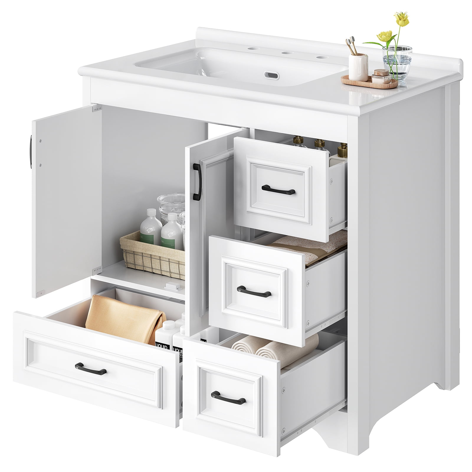HOOBRO Bathroom Vanity with Sink, Modern Storage Cabinet with Ceramic Countertop, Drawers and Cabinet, Arc Bottom Design and Metal Glides, Drain Kit Not Included, for Bathroom, White WT02BV01