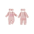 thumbnail image 2 of Gzhioc Newborn Baby Girl Fall Romper Bow Letter Embroidered Waffle Knit Long Sleeve Jumpsuit with Matching Headband 2 Piece Set, 2 of 9