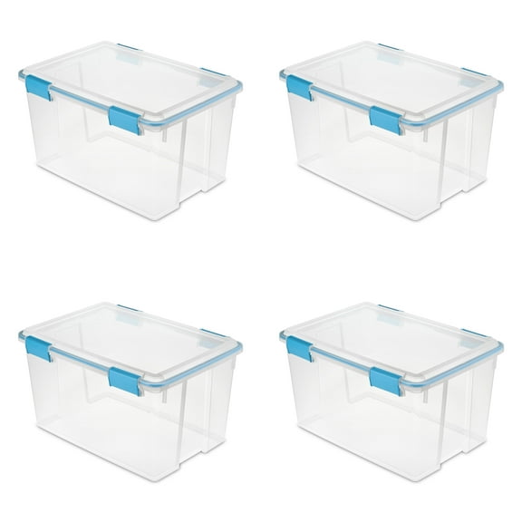 Sterilite 54 Quart Gasket Box, Weather-Resistant Clear Storage Bin with Lid, Blue, 4 Count