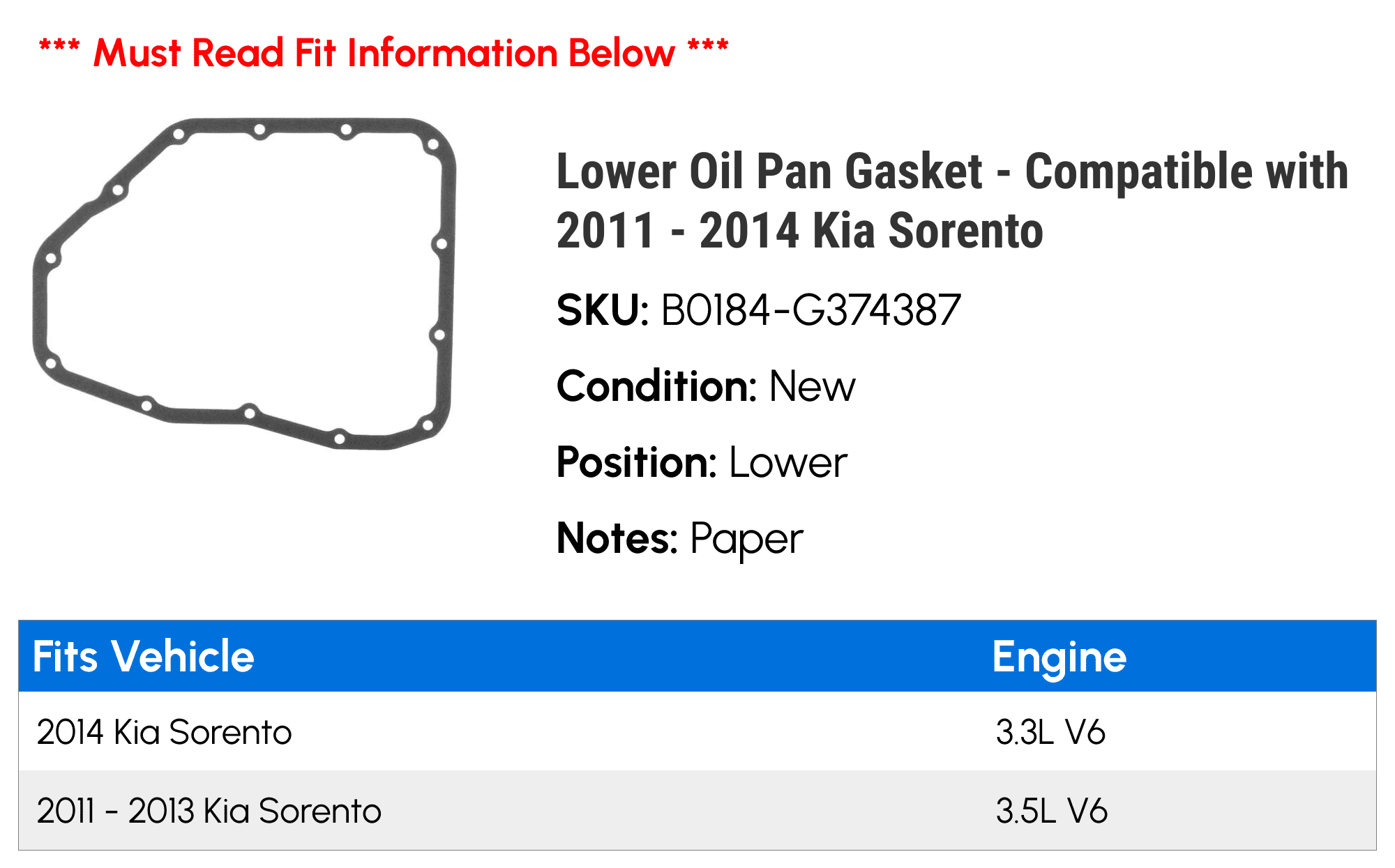 Lower Oil Pan Gasket - Compatible with 2011 - 2014 Kia Sorento 2012 2013