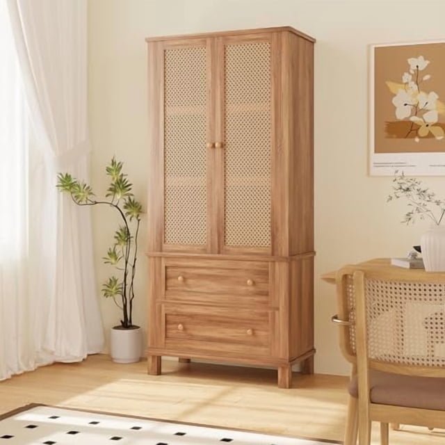High Freestanding Tall Kitchen Pantry, Kitchen Pantry Storage Cabinet with Rattan Doors, Adjustable Shelf and 2 Drawers, Freestanding Cupboard for Living Room, Kitchen, Walnut