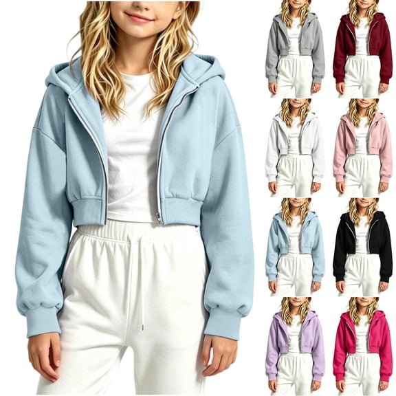 Gealkoca Girl's Zip Up Cropped Hoodie Crop Top Sweatshirt Drawstring Long Sleeve Jacket Kid's Solid Color Casual Zippered Hooded Sweatshirt 5-15Y