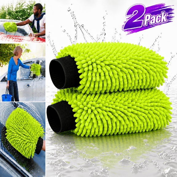 Ustris Car Wash Mitt Microfiber, 2PK Scratch Free Lint-Free, Rich Foam, Highly Absorbent, Double Sided, Premium Chenille Microfiber Mitt Car Wash Brush, Green, Regular Size 7.12''X10.14''