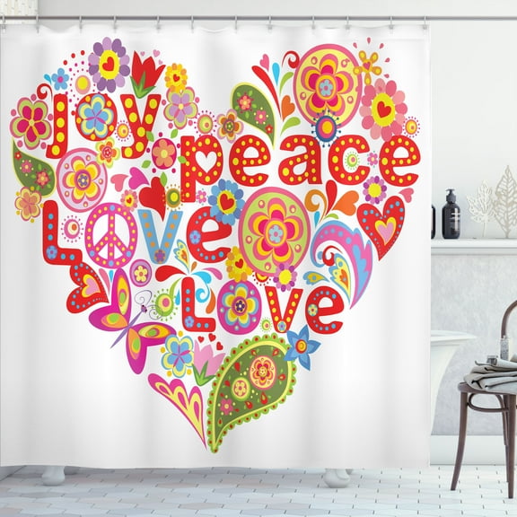 Ambesonne Spring Shower Curtain, Hippie Floral Heart Sign, 69"Wx70"L, Multicolor