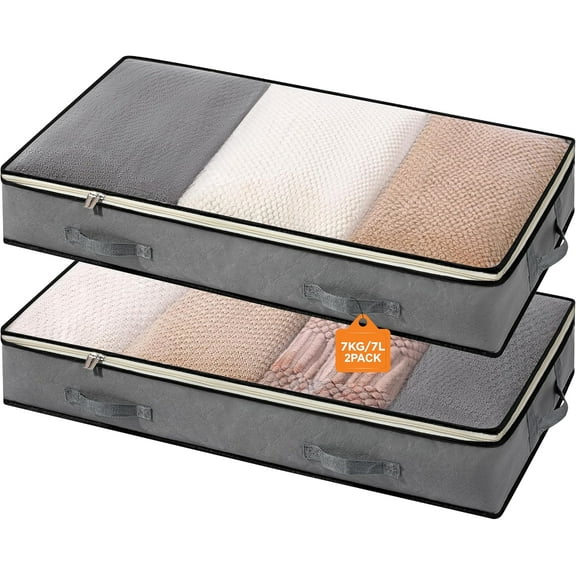 Under Bed Storage Containers - Foldable Closet Organizer with Clear Top, Sturdy Handles - 7L Capacity Storage Box for Clothing, Comforter, Blanket, and Shoe - 2 Pack, Soft-Sided, Gray