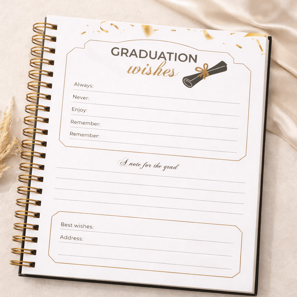 Graduation Guest Book - Black Hardcover - Gold Spiral Binding - 120 Pages - Grad Guestbook