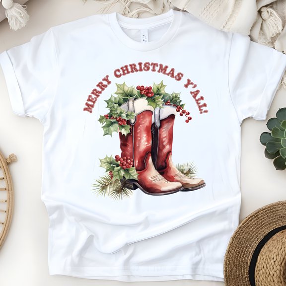 Merry Christmas Y’all Cowboy Boots T-Shirt | Western Holiday Tee, White, Size S