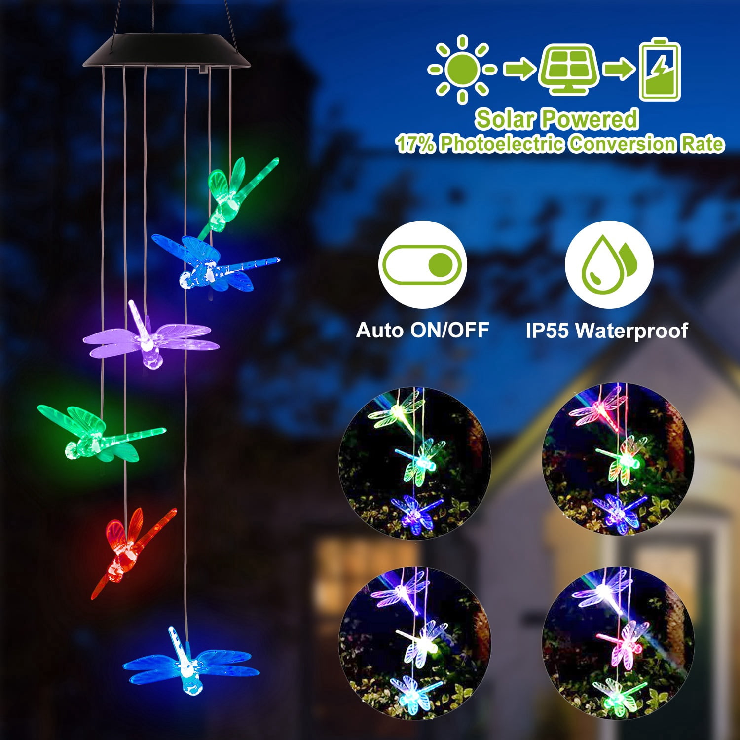 iMounTEK Solar Powered Dragonfly Lights Wind Chimes LED Color Changing Hanging Wind Lamp for Christmas Halloween Garden Patio decor