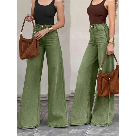 Womens Green High-Waisted Wide-Leg Denim Jeans, Casual Flare Pants