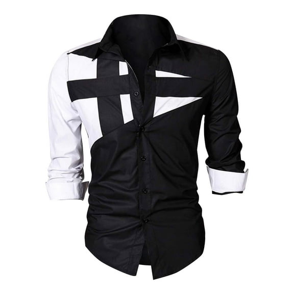 Manxivoo Mens Shirts Mens Fashion Patchwork Personalized Fashion Lapel Button Up Long Sleeve Shirt Mens Dress Shirts Black L