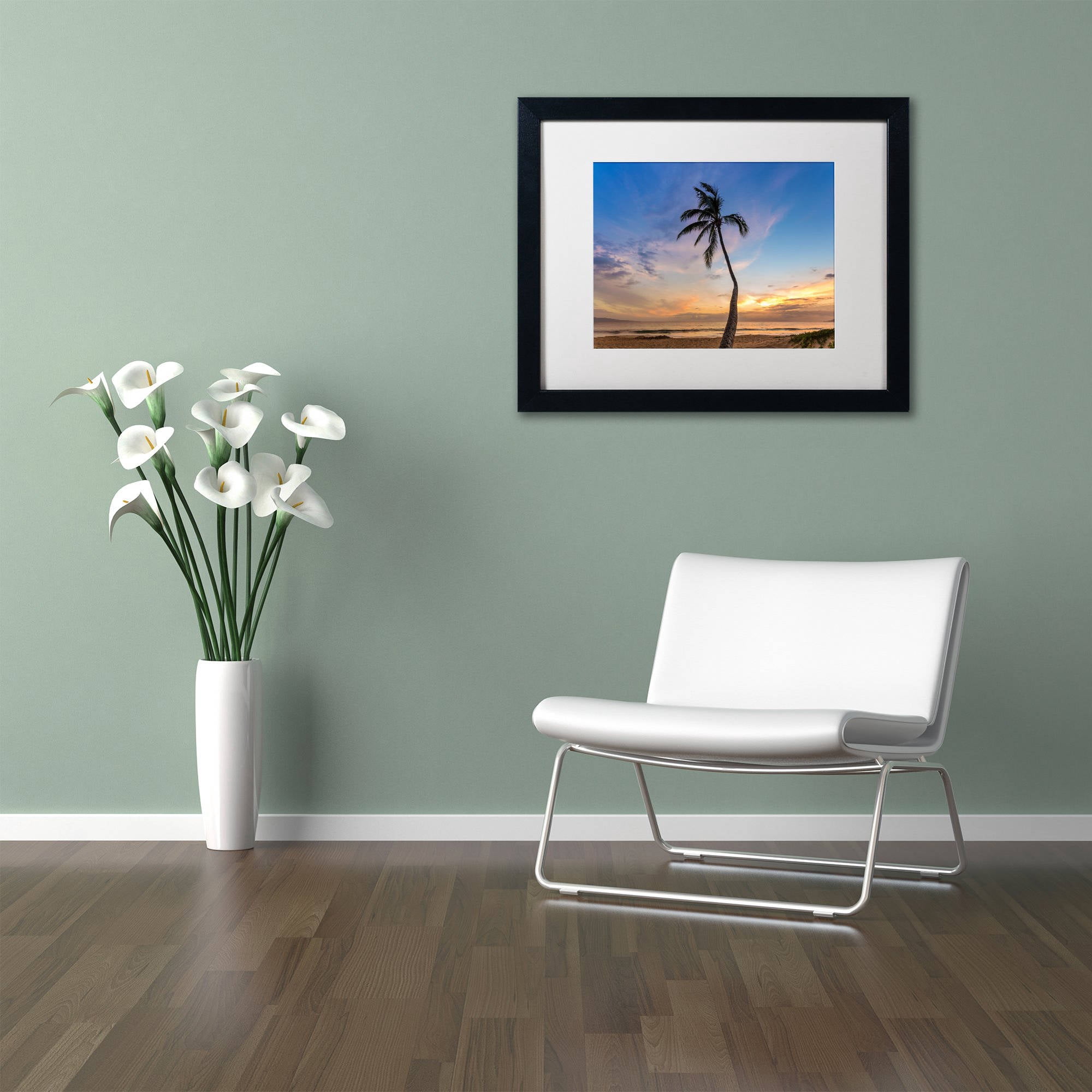 Trademark Fine Art 'Sunset Palm Tree' Canvas Art by Pierre Leclerc, White Matte, Black Frame