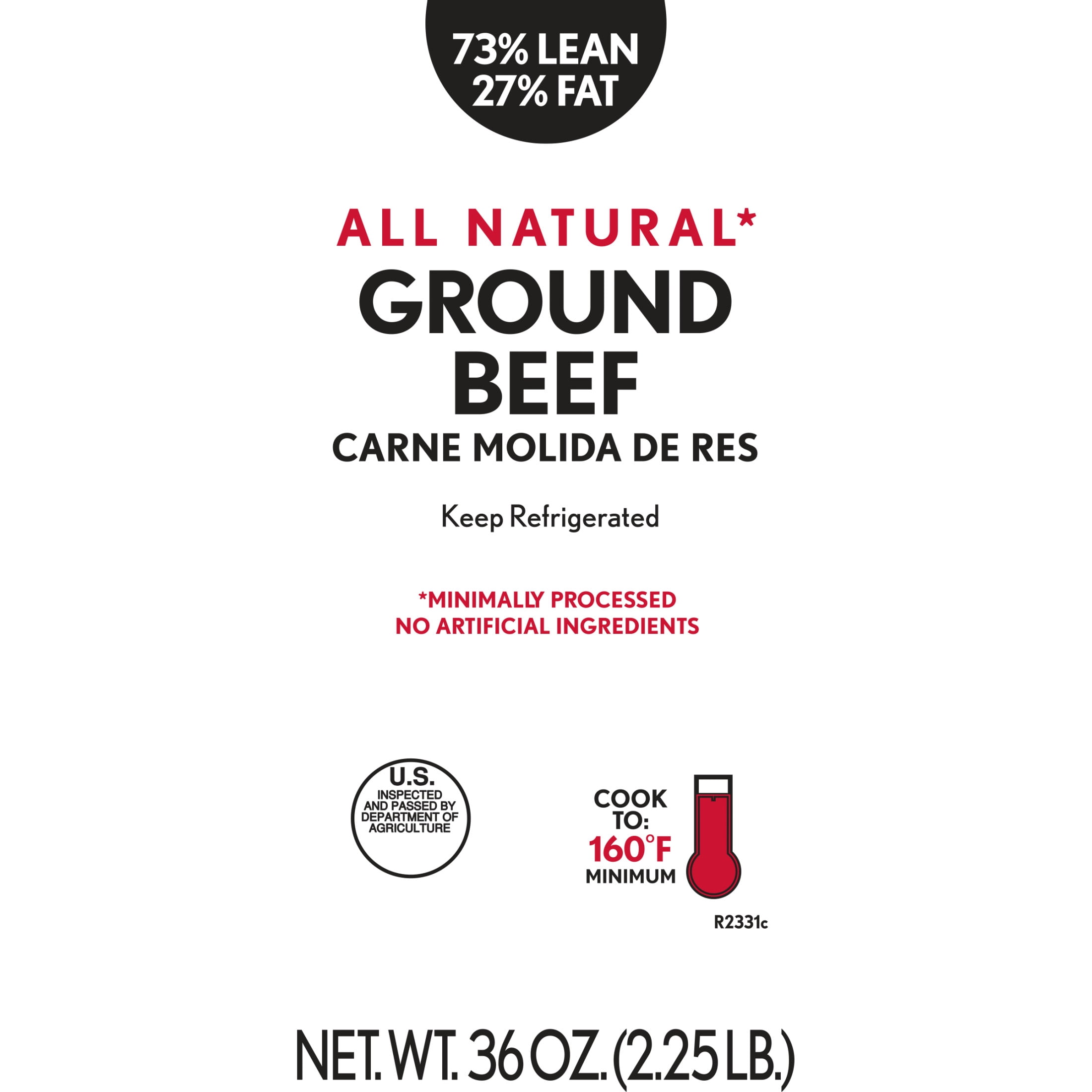 All Natural* 73% Lean/27% Fat Ground Beef, 2.25 lb Tray