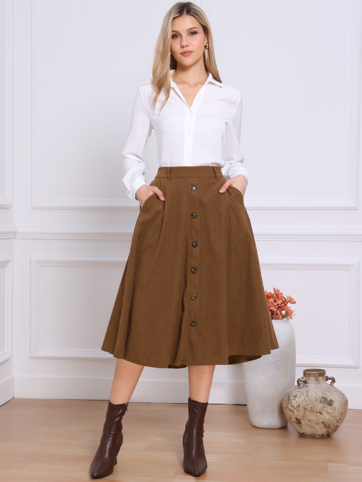 DARING DIVA Women's High Waist A Line Midi Skirts with Pockets X-Large Dark Brown