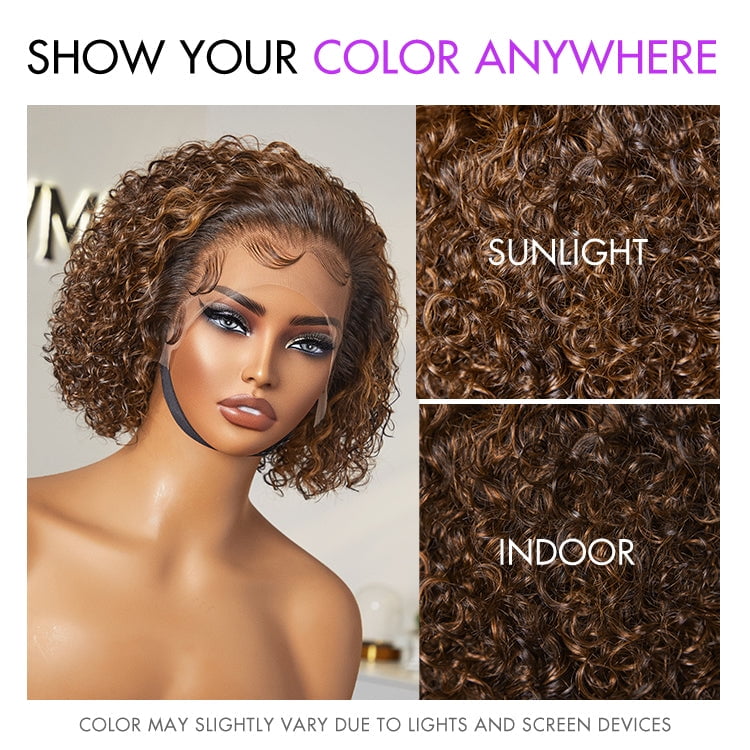 LUVME 8" Brown Highlight Short Cut Slicked Back Deep Curly Ear-to-ear Wide T Lace Wig for Women