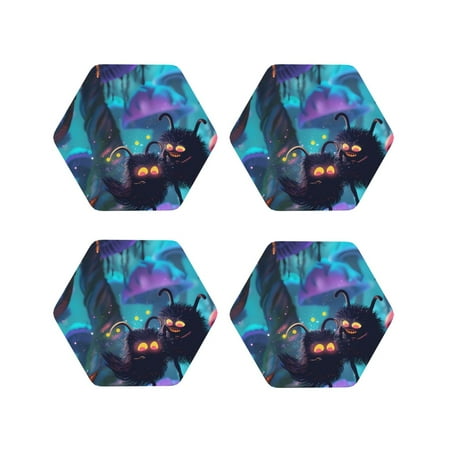 

KLL Drink Coasters Set Hexagon of 4 PU Leather Absorbent Coasters Set Decorative Coffee Cup Coasters Housewarming Gift for Home Decor-Cute Fuzzy Fantasy Creatures