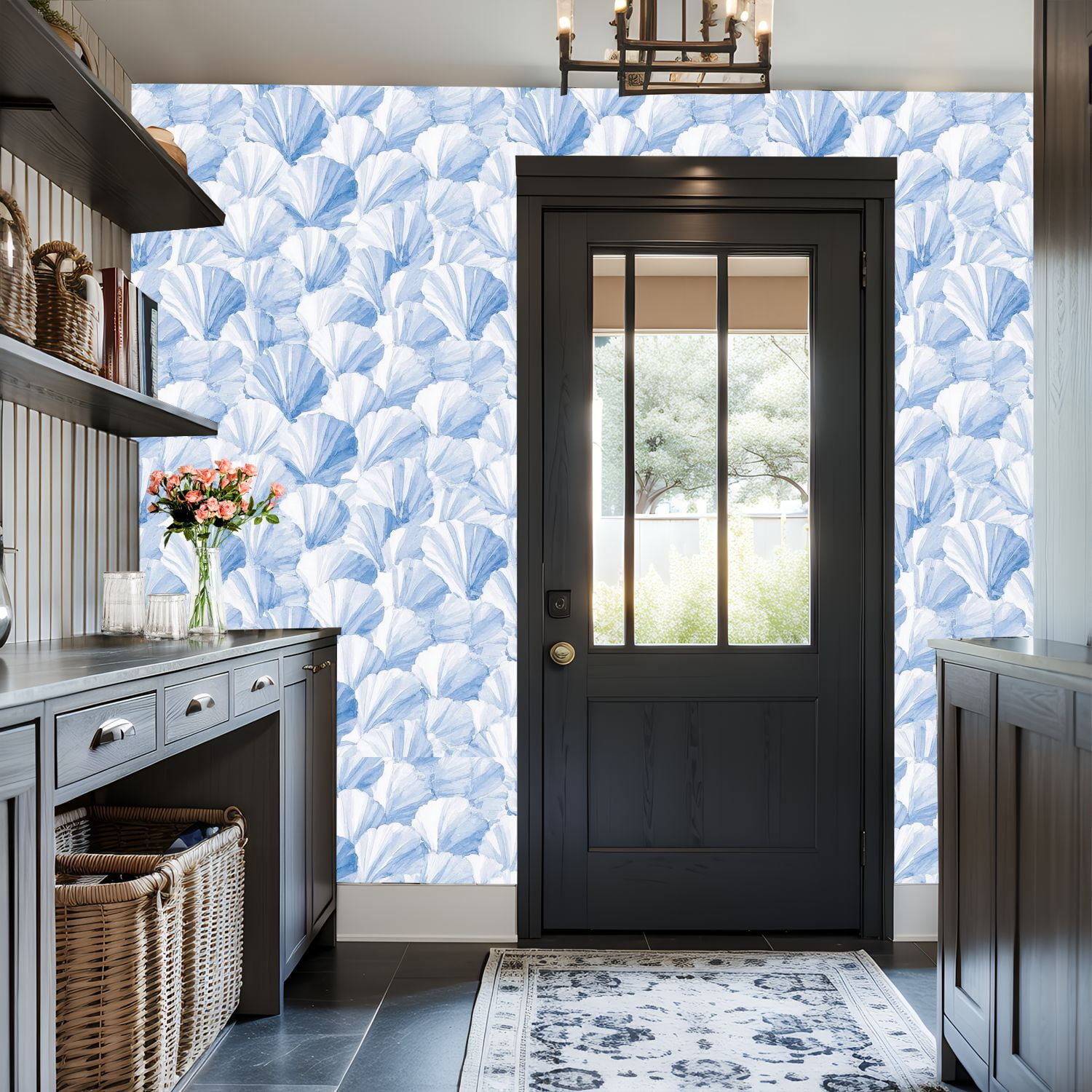 Coastal Peel and Stick Wallpaper Blue White Watercolor Fan Shell Contact Paper 17.7in x 9.8ft Wallpaper Removable Self Adhesive Wall Paper for Bedroom