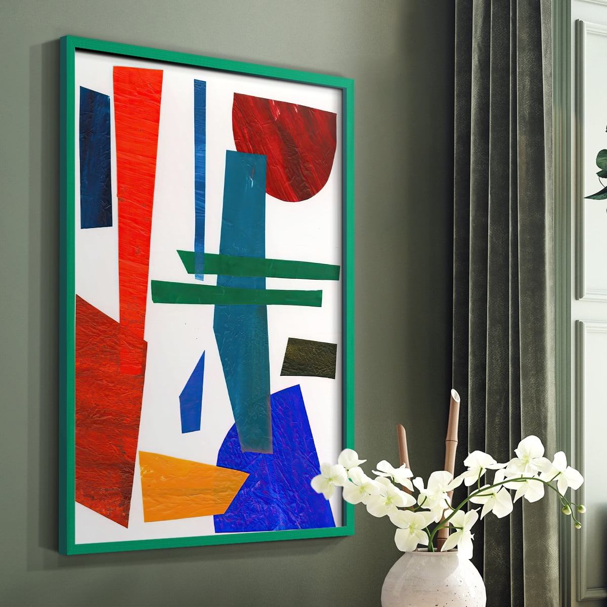 Colorful Shapes IV Framed Print in Green Solid Wood Framed Print No Nail Hanging