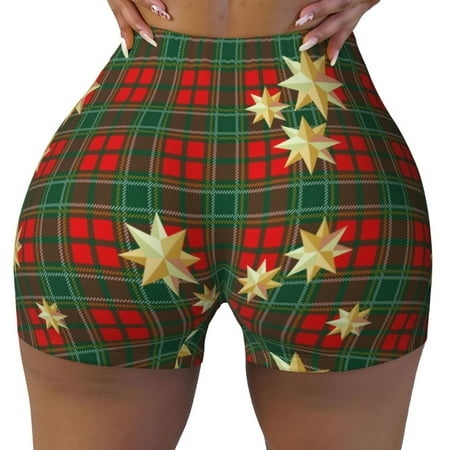 Workout Shorts Women  Checkered With Golden Stars Biker Shorts for Women Running Gym Spandex Shorts Tummy Control