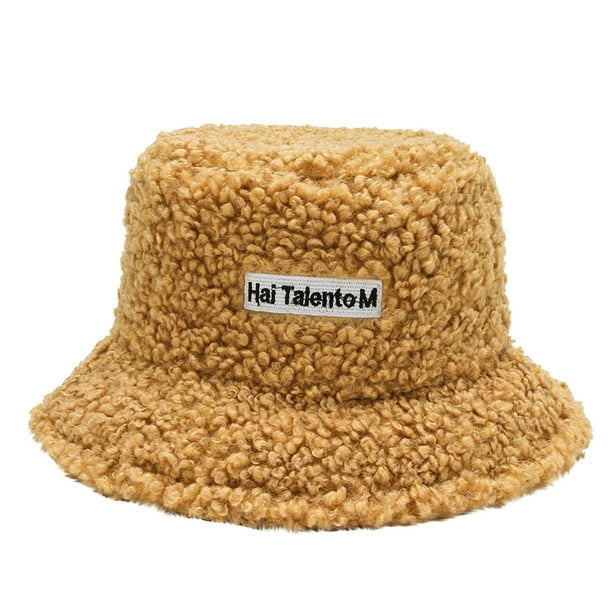 Cehvom Teddy Style Lambs Wool Bucket Hat Cute Girls Outdoor Sports Fisherman Cap For Women Casual Winter Warm Hat Yellow