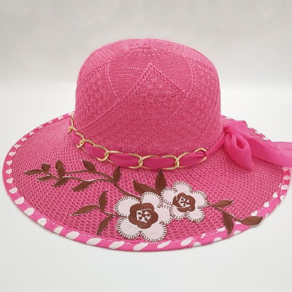 Women's Summer Wide Brim Straw Sun Hat Embroidered Floral Chain Bow Decor Beach UV Protection Hat Hot Pink