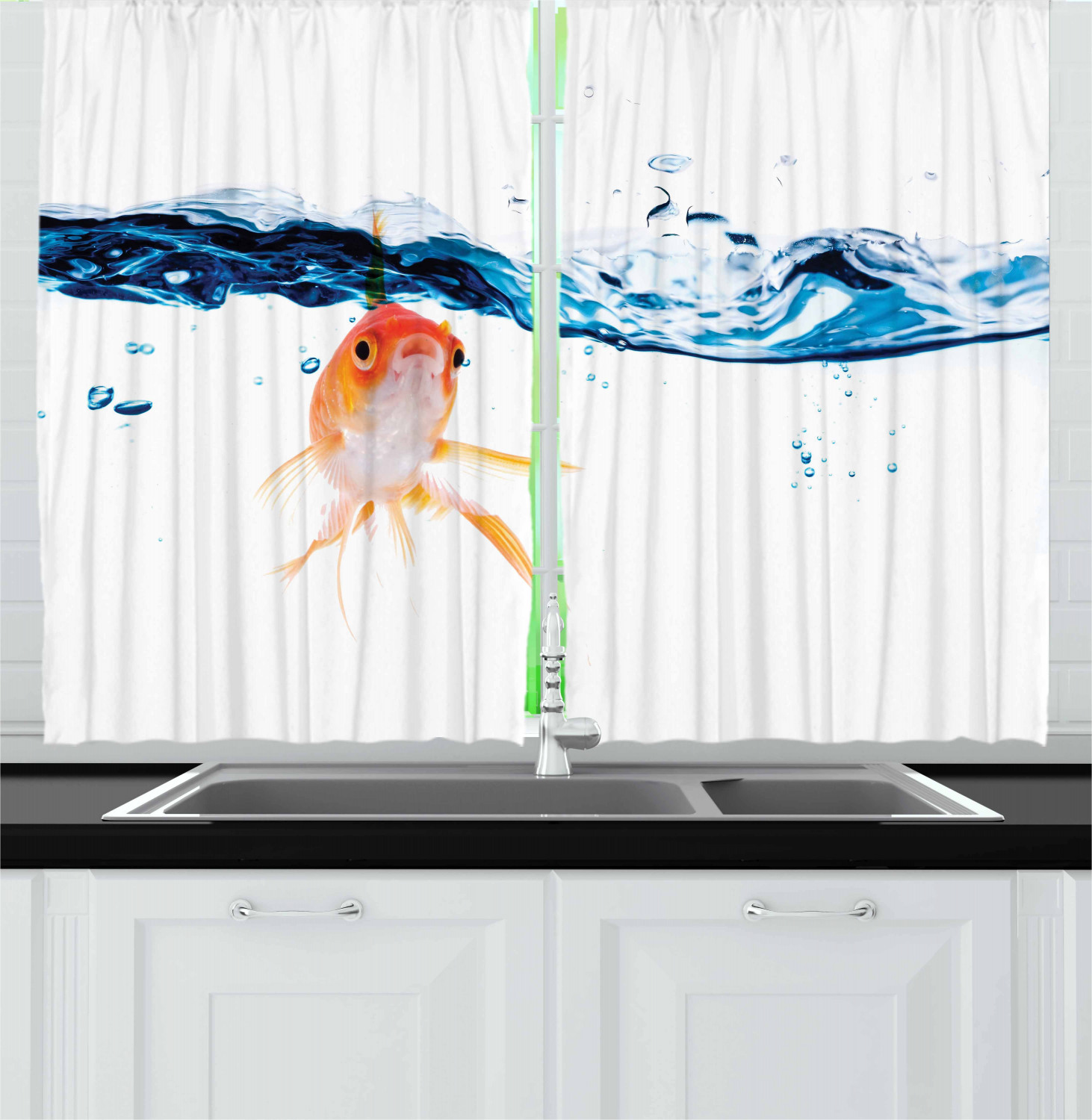 Fish Curtains 2 Panels Set, Goldfish Swimming Under Surface of Clear