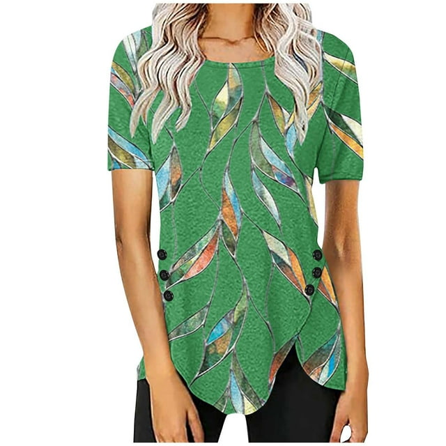 Blusas de Manga Corta para las Mujeres Botón Impreso Cuello Redondo Top Casual, Blusas para las Mujeres Casual