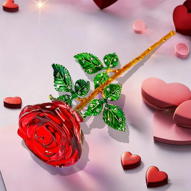 Adorno De Rosa De Cristal 1Pcs Crystal Rose Ornament Glass in Red for Valentine's Day Wedding Birthday Gift Keepsake 9.45x2.76" JASKFLY