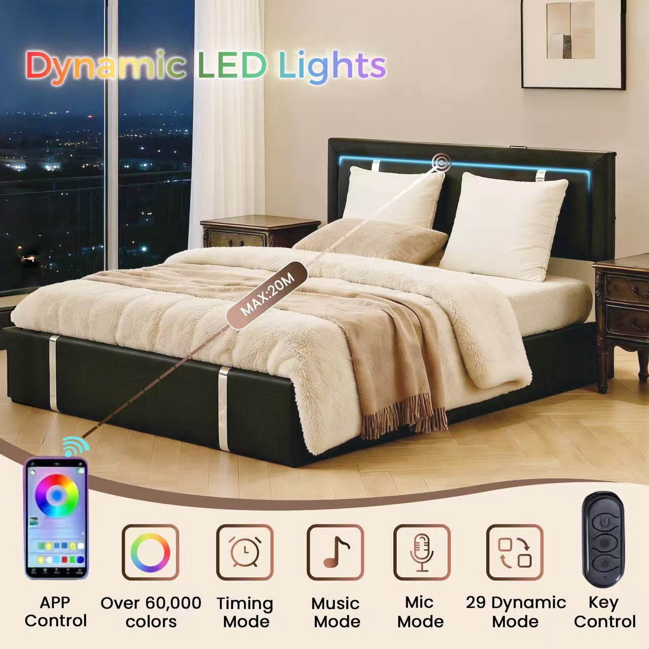 Mintazer Full Lift Up Storage Bed Frame with LED Lights & Charging Station, Upholstered Platform Bed with Adjustable Headboard for Bedroom, Black