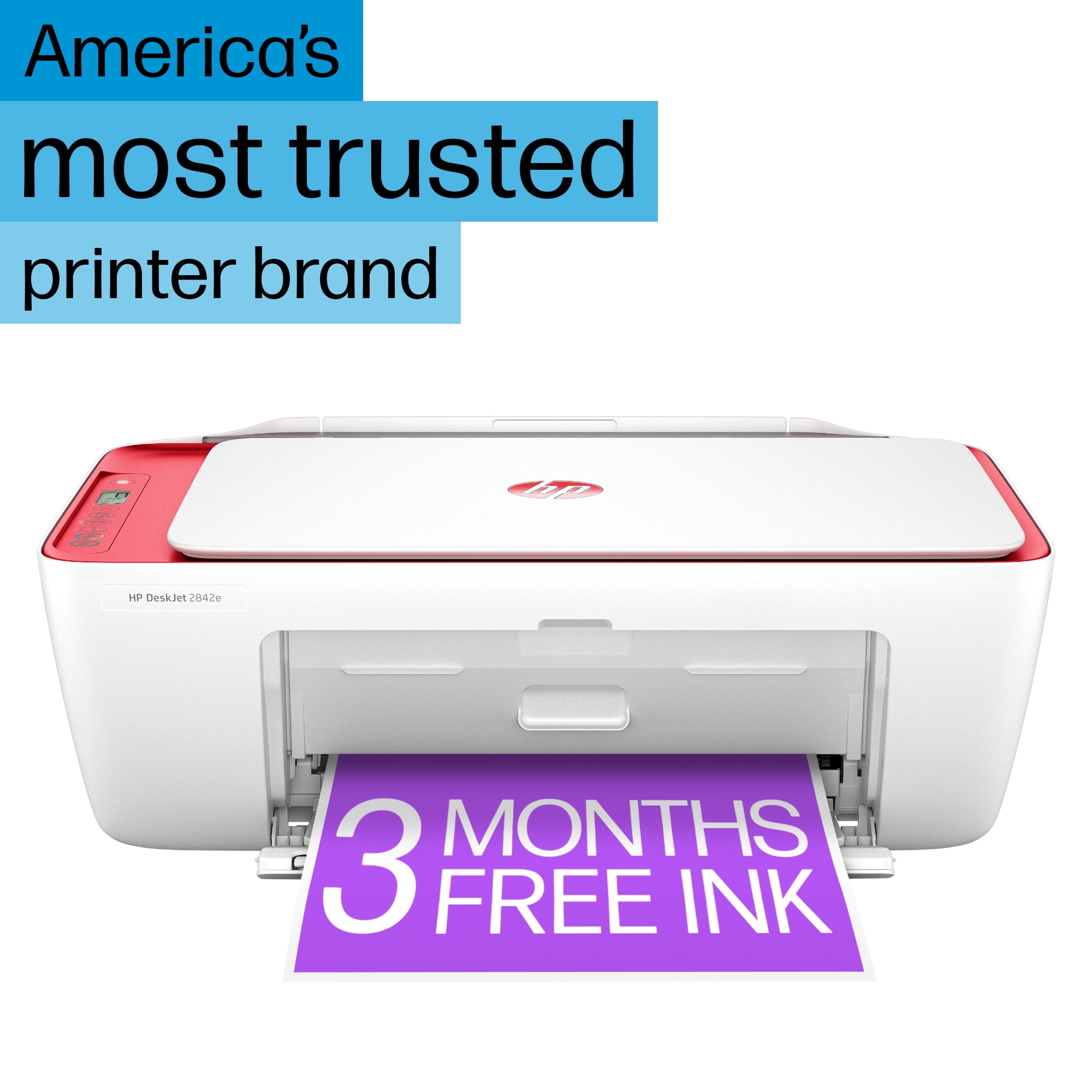 HP DeskJet 2842e (Red) Wireless All-in-One Color Inkjet Printer, Scanner, Copier, 3 Mos. Free Ink