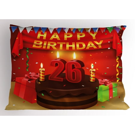 26th Birthday Pillow Sham Chocolate Cake with Candles and Ribbons Surprise Event Best Wishes Image, Decorative Standard King Size Printed Pillowcase, 36 X 20 Inches, Multicolor, by