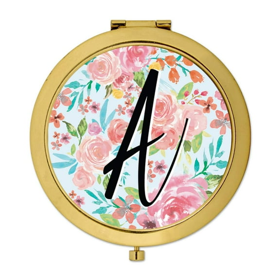 Koyal Wholesale Compact Mirror Bridesmaid's Wedding Gift, Gold, Monogram Letter A, Tea Party Pink Floral Flowers, 1-Pack