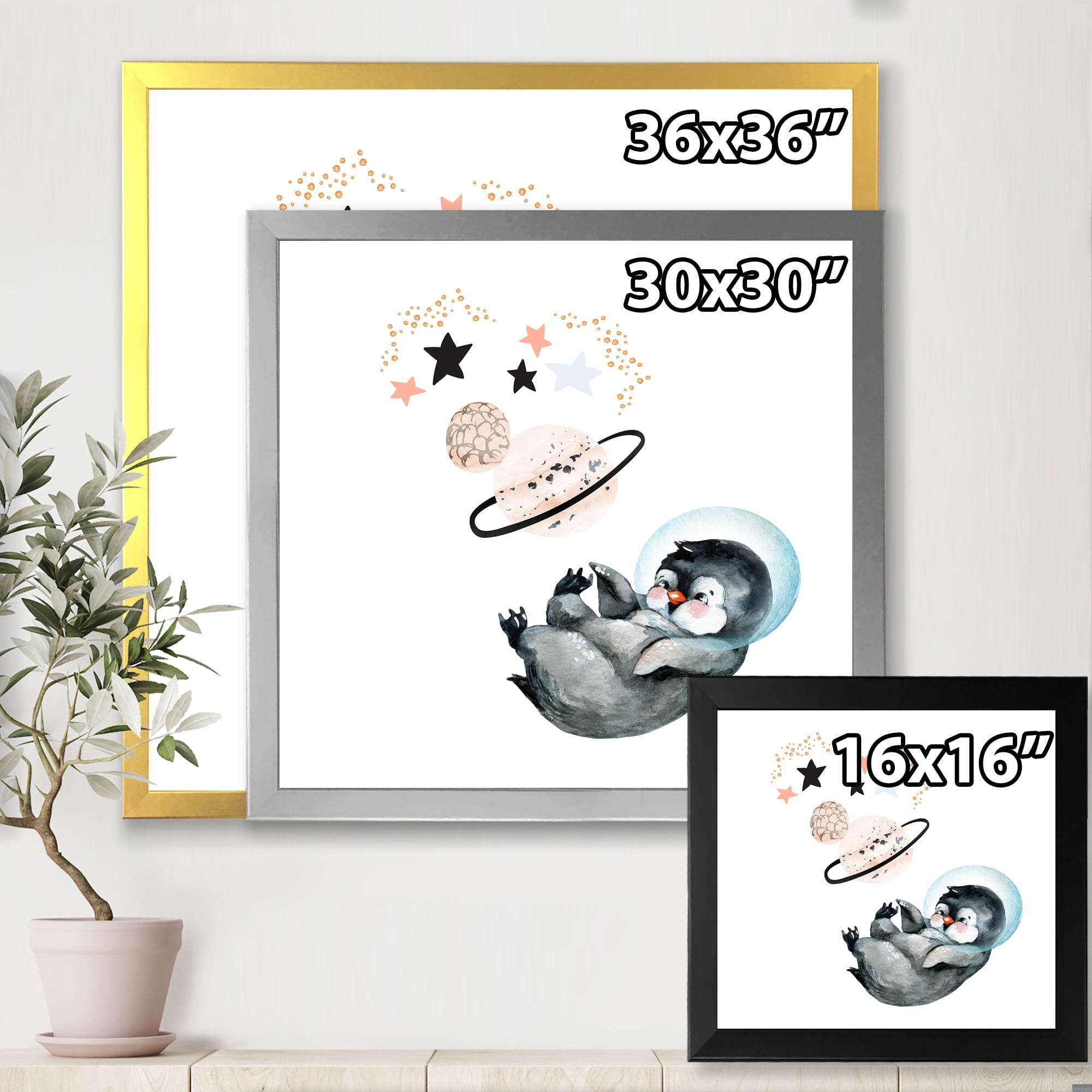 Designart 'Little Penguin With Planets and Stars I' Farmhouse Framed Art Print