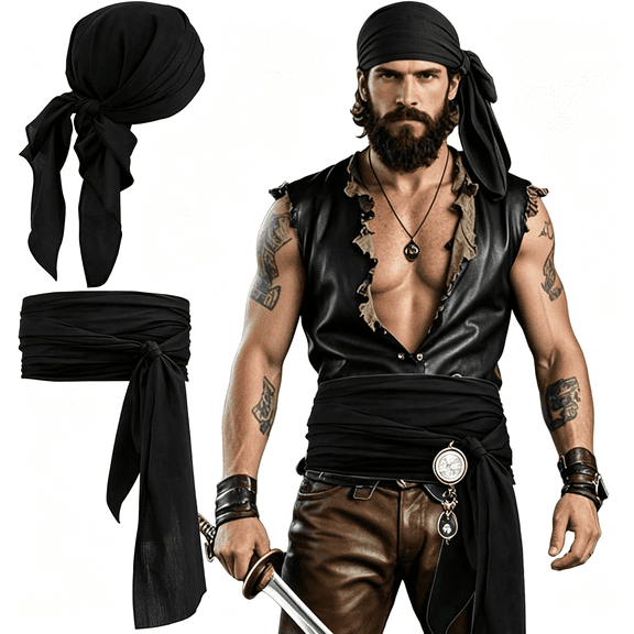 XIBUFE Pirate Bandana Head Scarf and Sash for Men Women Viking Headwrap Waist Belt Headband Pirate Bandana
