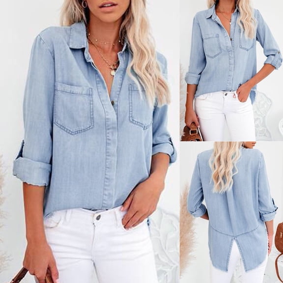 Womens Button Down V Neck Denim Shirts Long Sleeve Blouse Roll Up Cuffed Sleeve Casual Work Plain Tops with Pockets