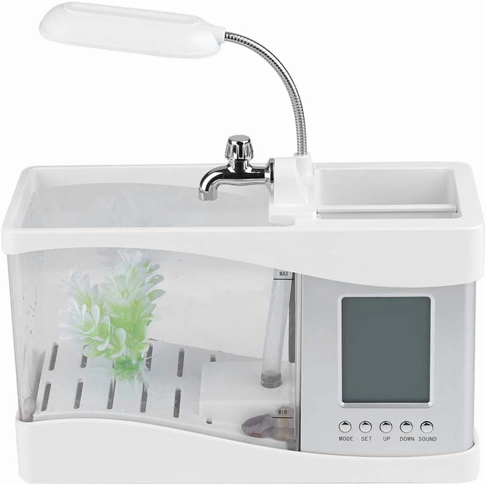 USB Rechargeable Mini Fish Tank with LED Clock Temp Display, Black White, (White)