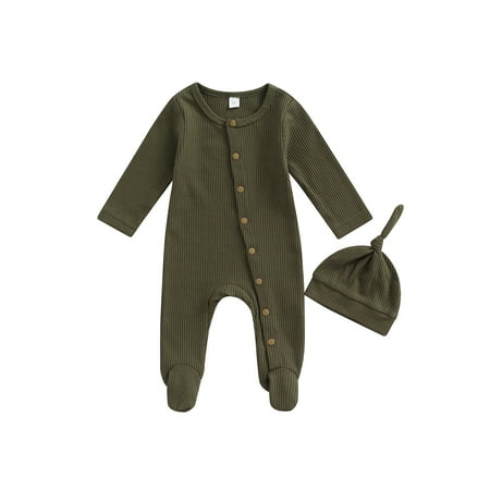 

ZIYIXIN Newborn Infant Baby Boy Girl Fall Winter Clothes Long Sleeve Button Waffle Knit Footed Romper Hat 2Pcs Outfits Dark Green 0-3 Months