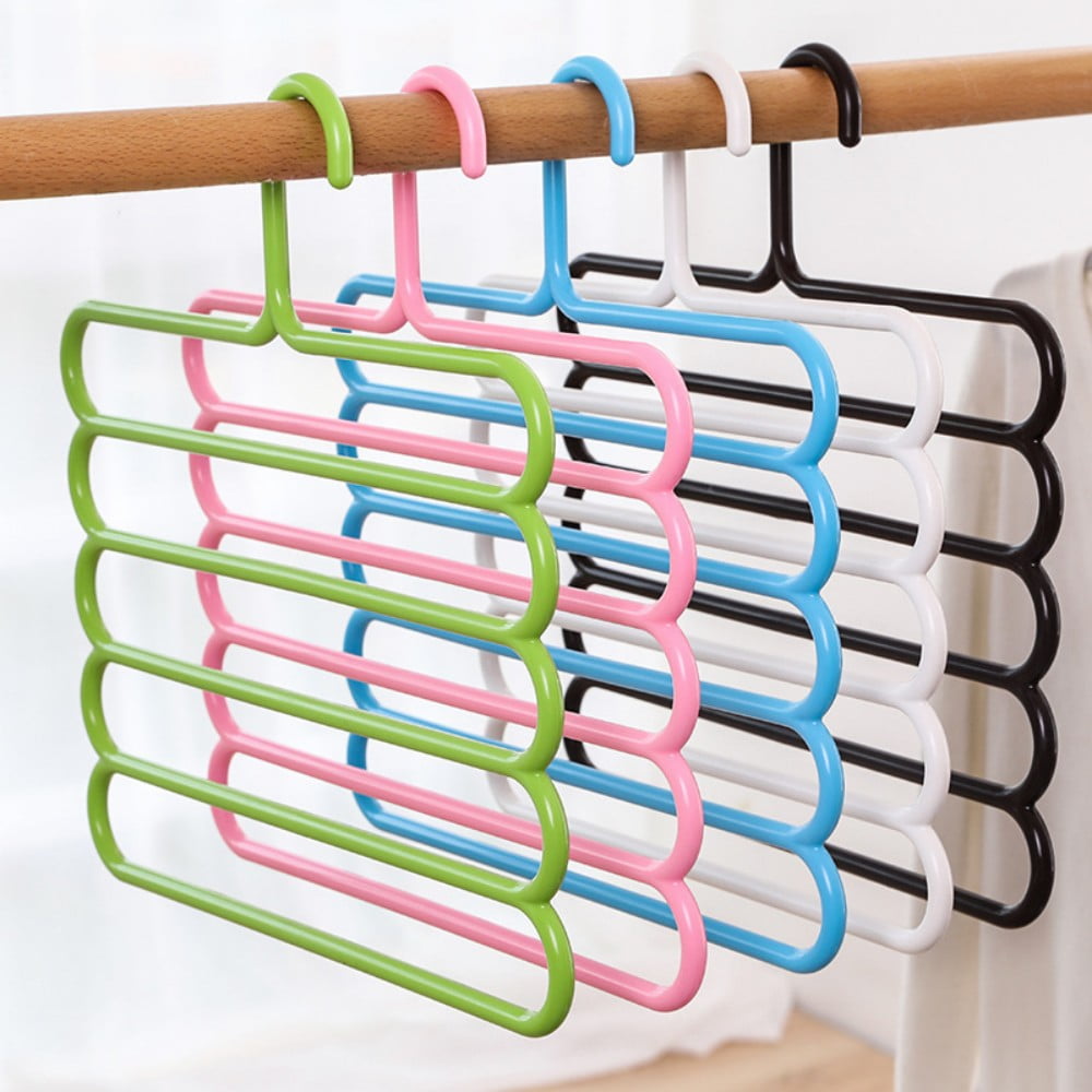 TRIANU 5 Layers Pants Hangers, 6Pcs Space Saving Non-Slip Multi-Functional Closet Pants Organizer Clothes Slack Hangers Trouser Rack Wardrobe Hanger Scarf Rack Silk Tie Hanger, Random Color