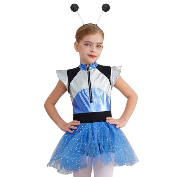 Aislor Shiny Metallic Alien Dress for Girls with Hair Hoop Cap Sleeve Sequins Zipper Robot Dress Blue 10