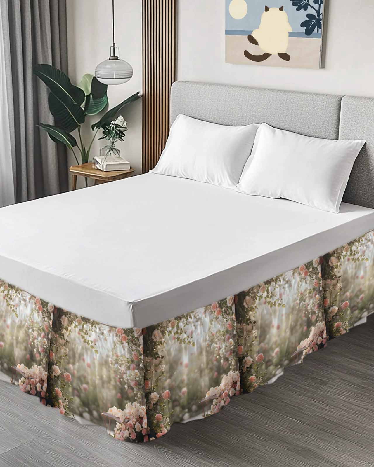 Spring Rose Ruffle Bed Skirt King Size Pastoral Romantic Plant Adjustable Elastic Dust Bed Skirts Wrap Around Bedskirt Wrinkle Free Easy Fit with 16 Inch Drop
