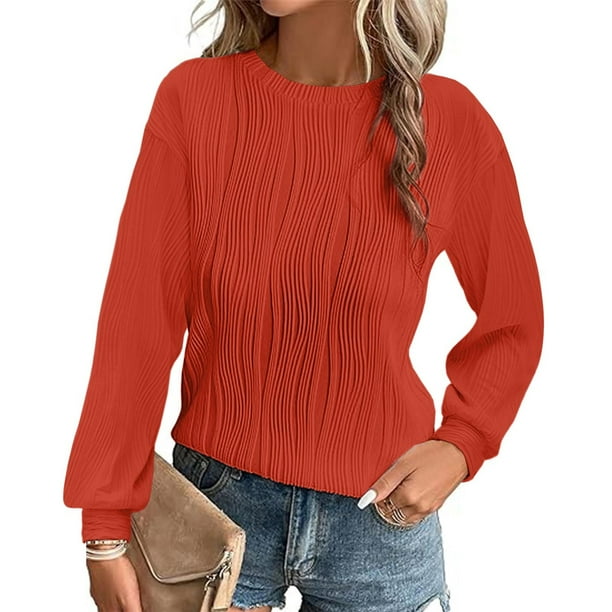 Ailaofu Womens Tops Trendy Dressy Casual Long Sleeve Crewneck Basic T Shirts Solid Loose Textured Blouses Outfits