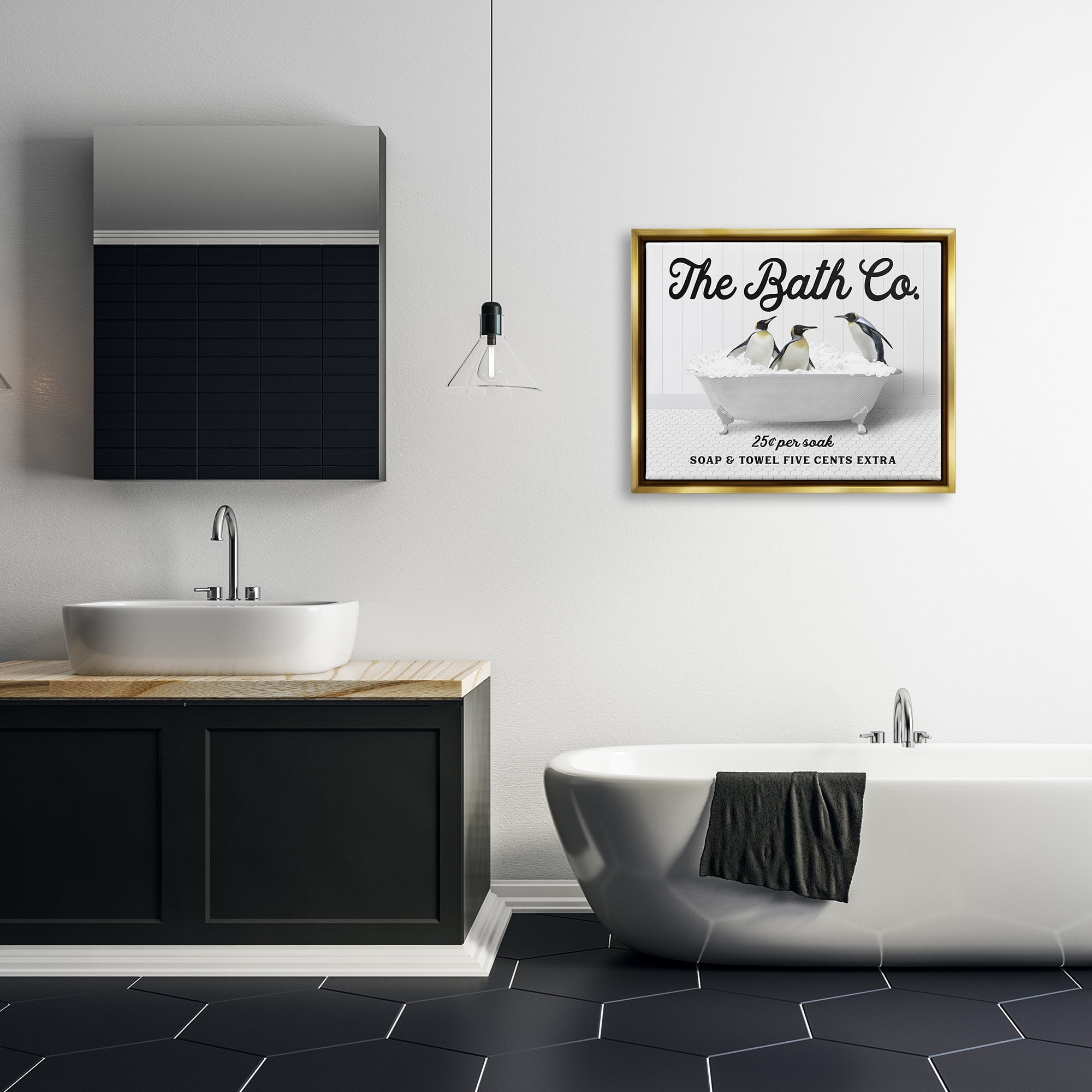 Stupell Industries Bubble Bathtub Penguins Animals & Insects Painting Gold Floater Framed Art Print Wall Art, 31 x 25