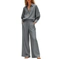 thumbnail image 3 of QETYUW Womens Cotton Linen 2 Piece Outfits Oversized Long Sleeve Button Down Shirt and Wide Leg Pants Outfit Solid Color Casual Comfy Suit, 3 of 10