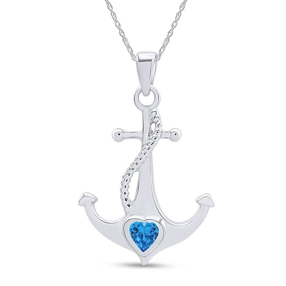 AFFY Simulated Blue Topaz Anchor Heart Pendant Necklace in 14k White Gold Over Sterling Silver