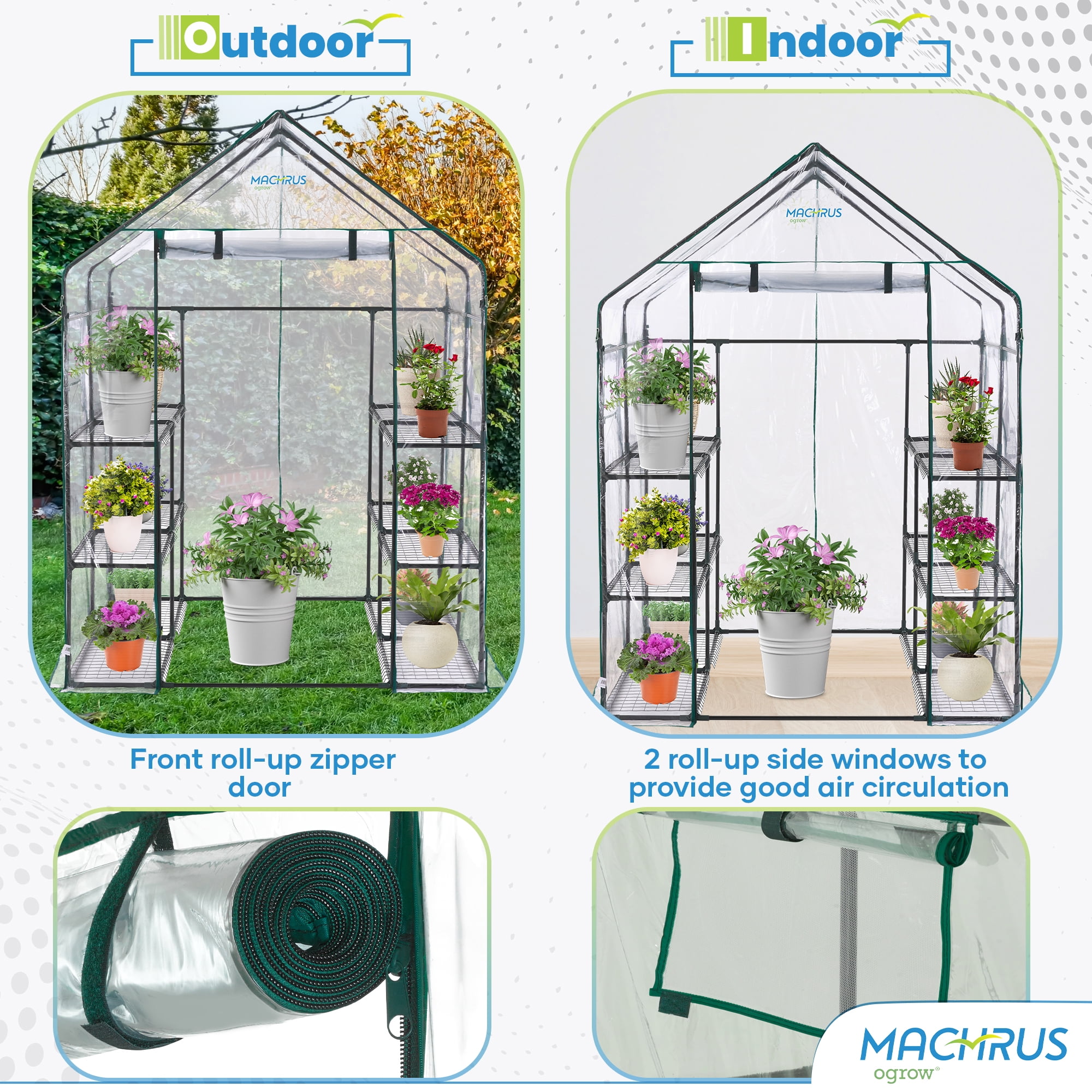 Machrus Ogrow Deluxe Walk-In Greenhouse with 3 Tiers & 12 Shelves – Clear Greenhouse Plastic Cover for Indoor Greenhouse & Green Houses for Outside