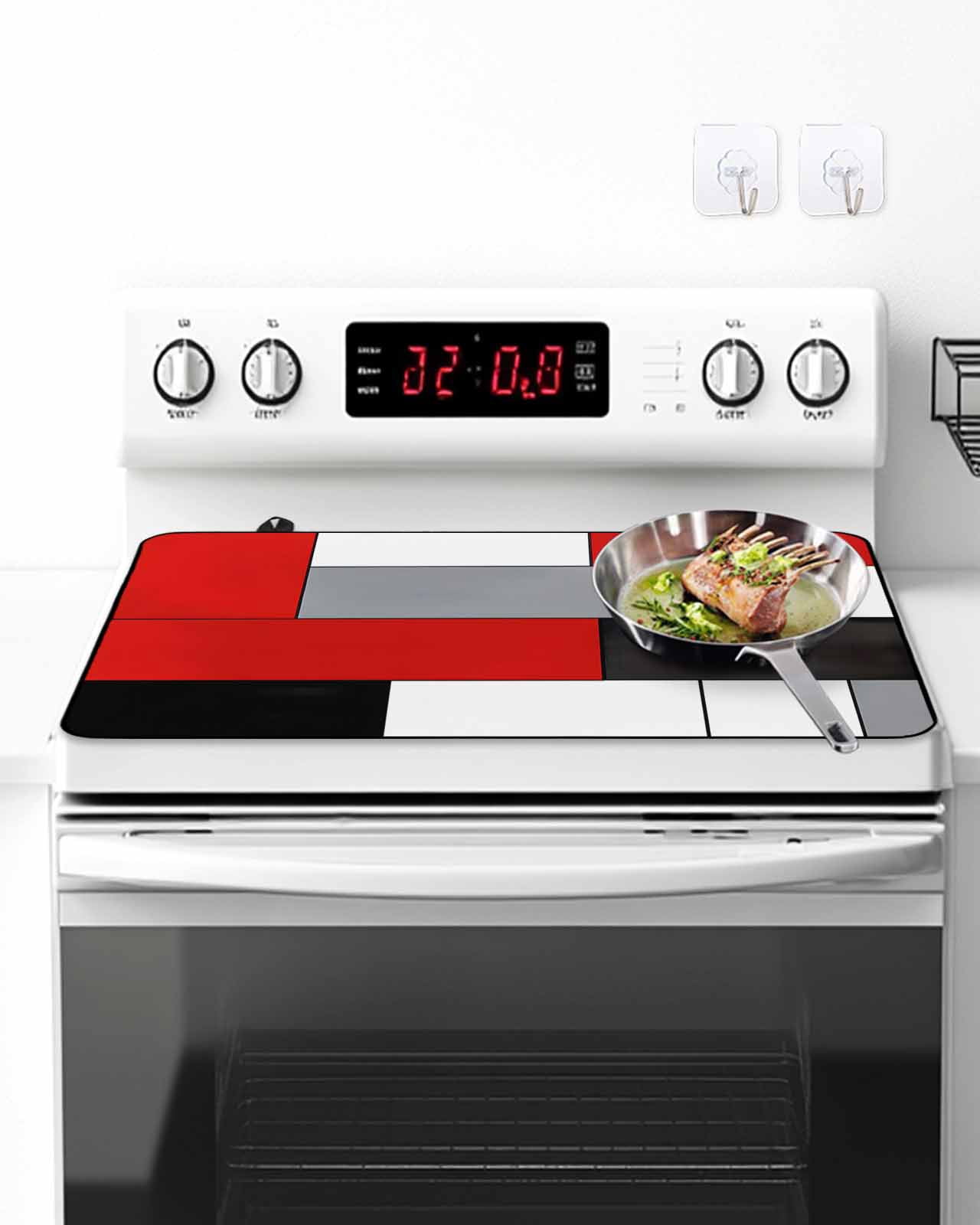 Stove Top Covers for Electric Stove 36x21 Inches, Red Black Grey Heat Insulation Fireproof Glass Cooktop Protector, Modern Irregular Geometric Abstract Countertop Stovetop Cover for Kitchen