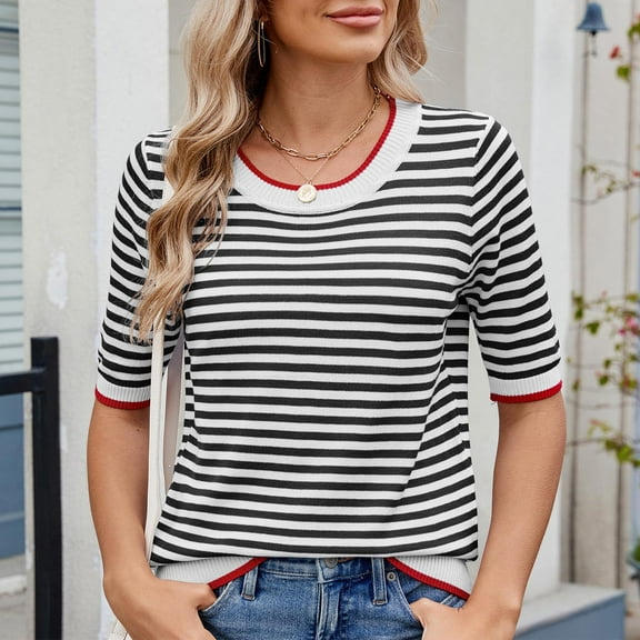 Bzhegqhd Women's Striped Short Sleeved Blouses Round Neck Fashionable Casual Top
